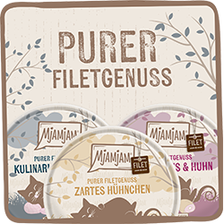 MjAMjAM Purer Filetgenuss Drei MjAMjAM‑Filetgenuss‑Schalen in verschiedenen Sorten vor beige hinterlegter Illustration.