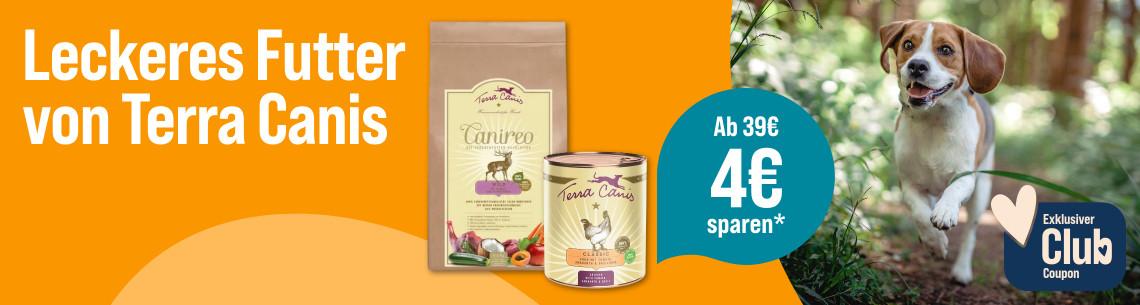 Spare 4 € ab 39 € auf Terra Canis Aktionsbanner für Terra Canis Hundefutter. Rechts läuft ein Hund im Wald auf die Kamera zu. 4 € Rabatt ab 39 € für ZooRoyal Club Mitglieder.