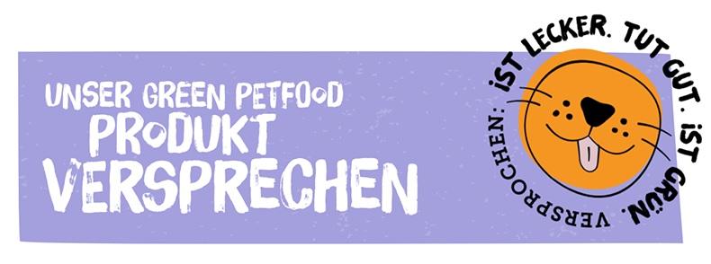 Green Petfood Produktversprechen Banner mit dem Schriftzug „Unser Produktversprechen“ und einem runden Katzenlogo.