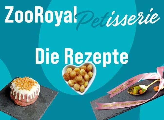 ZooRoyal Petisserie.jpg Banner mit Text „ZooRoyal Petisserie – Die Rezepte“ und Abbildungen von Tiergebäck.