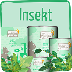MjAMjAM Insekt Katze MjAMjAM‑Katzenfutter der Sorte Insekt in mehreren Dosen vor grünem Hintergrund.