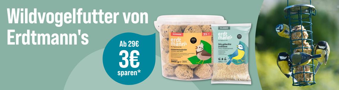 Spare 3€ ab 29€ auf Wildvogelfutter von Erdtmann's Aktionsbanner für Wildvogelfutter von Erdtmann’s. Mehrere Vögel sitzen an einem Futterspender, daneben Verpackungen von Wildvogelfutter
