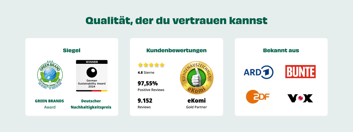 Green Petfood Qualität und Auszeichnungen Aktionsbanner für Green Petfood. Mittig die Überschrift „Qualität, der du vertrauen kannst“; darunter Siegel und Auszeichnungen, Kundenbewertungen mit 4,8 Sternen und 97,55 % positiven Bewertungen sowie die Logos von ARD, BUNTE, ZDF und VOX.
