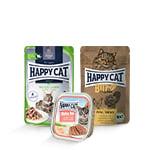 Happy Cat Nassfutter Auswahl an Happy Cat Nassfutterportionen.