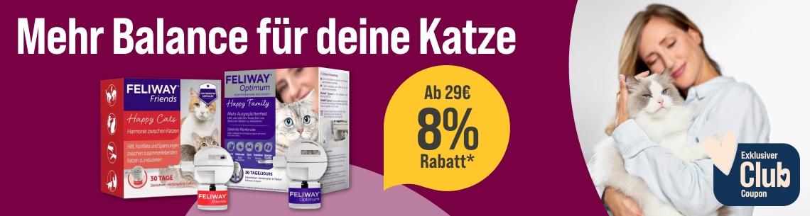 Spare 8 % ab 29 € auf Feliway Aktionsbanner für Feliway Katzenprodukte. Mittig Packungen von Feliway Friends Happy Cats und Feliway Optimum Happy Family mit Diffusoren und Nachfüllflakons; daneben gelber Hinweis „Ab 29€ 8% Rabatt*“. Rechts Person mit weißer Katze auf dem Arm. Hinweis: Exklusiver Club Coupon.