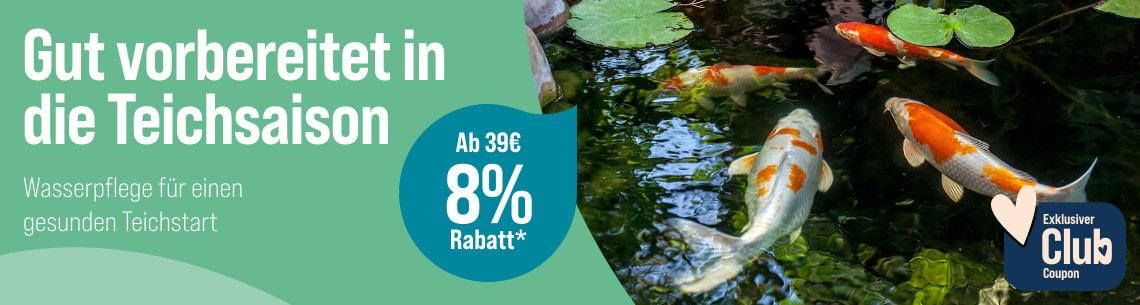 Spare 8 % ab 39 € auf Teich-Wasserpflege Aktionsbanner mit Koi Fischen im Teich