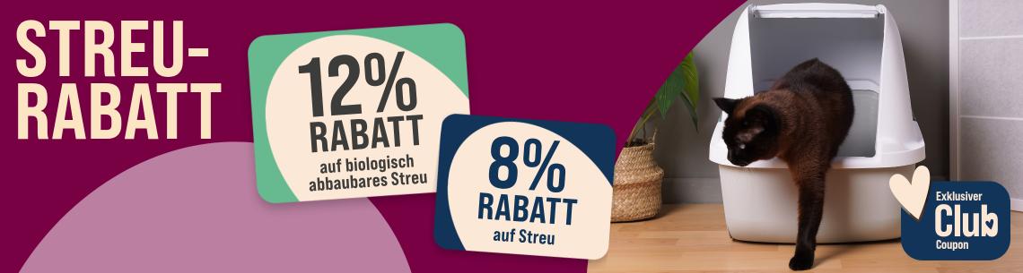 Spare bis zu 12 % auf Katzenstreu Aktionsbanner für Katzenstreu. Links auf magentafarbenem Hintergrund der beige Schriftzug „STREU-RABATT“. Mittig zwei Rabatt-Hinweise: „12 % Rabatt auf biologisch abbaubares Streu“ und „8 % Rabatt auf Streu“. Rechts steigt eine Katze aus einer weißen Haubentoilette in einem Wohnraum mit Holzfußboden. Unten rechts das Logo „Exklusiver Club Coupon“ mit Herzsymbol. Hinweis: Rabattaktion auf verschiedene Katzenstreu-Produkte.