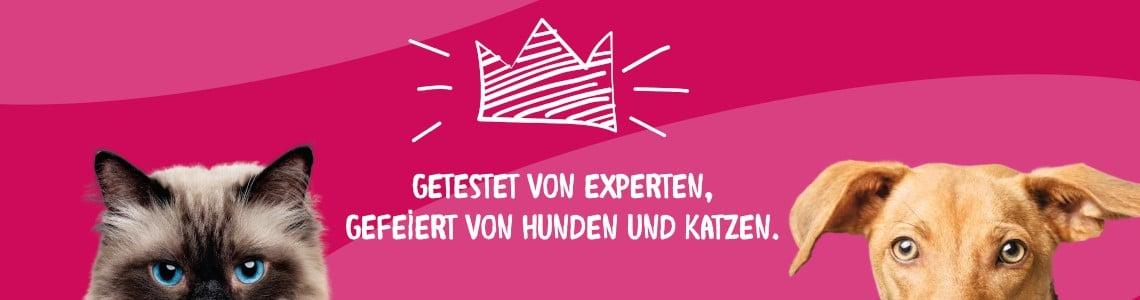 Dokas Slogan Banner mit Katze und Hund sowie dem Text „Getestet von Experten, gefeiert von Hunden und Katzen“.