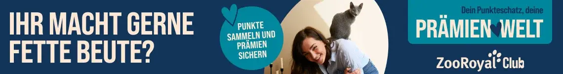ZooRoyal Prämienwelt Werbebanner mit einer lächelnden Frau und einer Katze auf der Schulter; Text wirbt für den ZooRoyal Club und das Sammeln von Punkten für Prämien.
