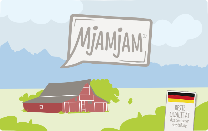 MjAMjAM Topbanner Illustration eines Bauernhofs mit MjAMjAM‑Logo und dem Hinweis „Beste Qualität aus deutscher Herstellung“.