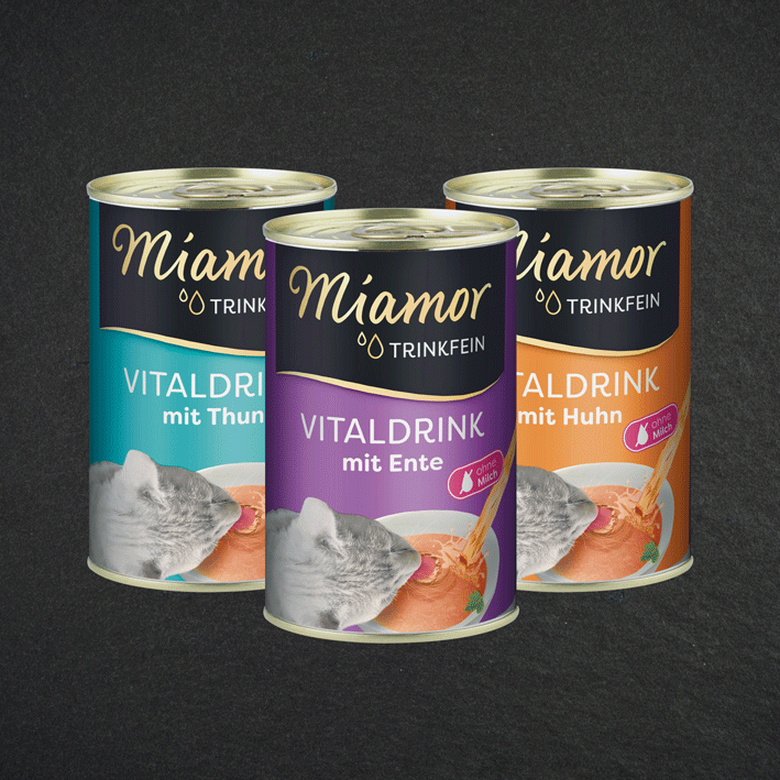Miamor Trinkfein Drei Miamor‑Trinkfein‑Dosen in den Sorten Thunfisch, Ente und Huhn.
