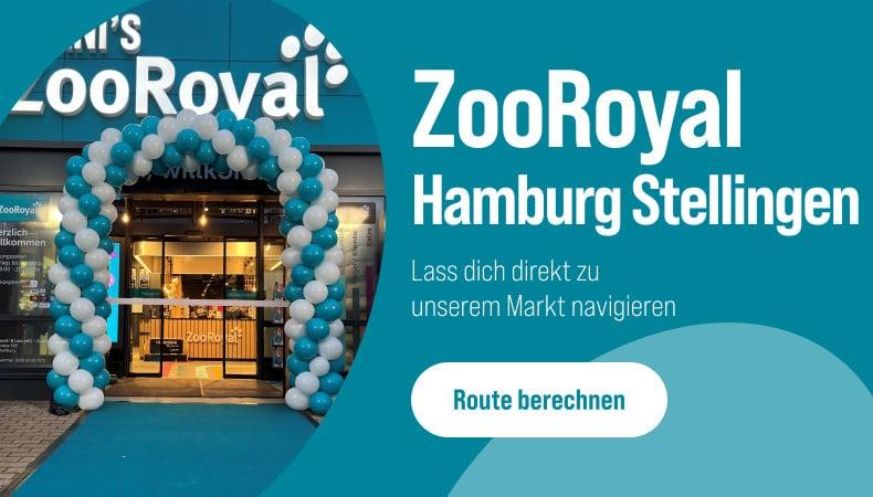 Lass dich direkt zu unserem Markt navigieren Werbebanner mit Foto des ZooRoyal‑Markteingangs und Hinweis zur Routenführung nach Hamburg Stellingen.