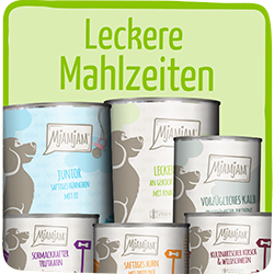 MjAMjAM Leckere Mahlzeiten Hund MjAMjAM‑Hundefuttermahlzeiten in mehreren Sorten vor grünem Hintergrund.