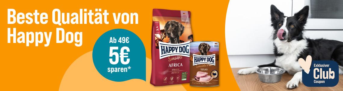 Spare 5 € ab 39 € auf Happy Dog Aktionsbanner für Happy Dog Hundefutter und einem liegenden Hund vor einem Napf. 5 € Rabatt ab 39 € für ZooRoyal Club Mitglieder.