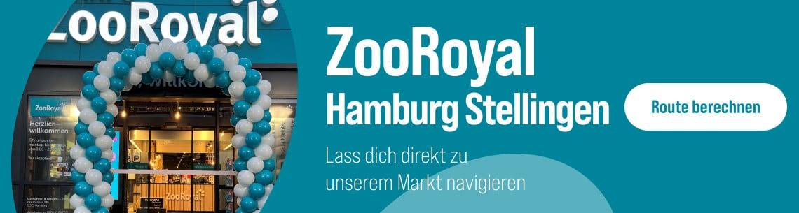 Lass dich direkt zu unserem Markt in Hamburg Stellingen navigieren Werbebanner mit Foto des ZooRoyal‑Markteingangs und Hinweis zur Routenführung nach Hamburg Stellingen.