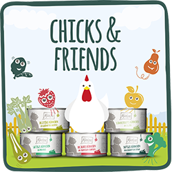 MjAMjAM Chicks & Friends MjAMjAM‑Chicks & Friends Katzendosen vor einer Illustration mit Huhn und bunten Figuren.