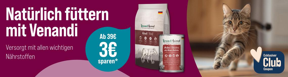 Spare 3 € ab 39 € auf Venandi Katzenfutter Aktionsbanner mit Venandi Katzenfutter und einer laufenden Katze.