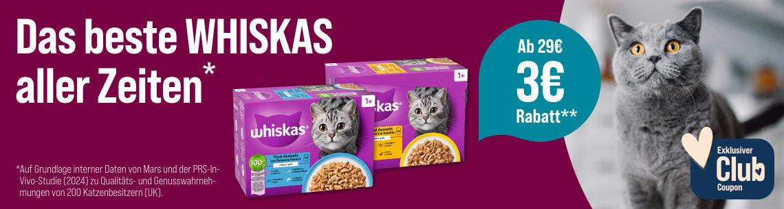 Spare 3 € ab 29 € auf Whiskas Katzenfutter Aktionsbanner mit Whiskas Katzenfutter und einer grauen Katze mit großen Augen.