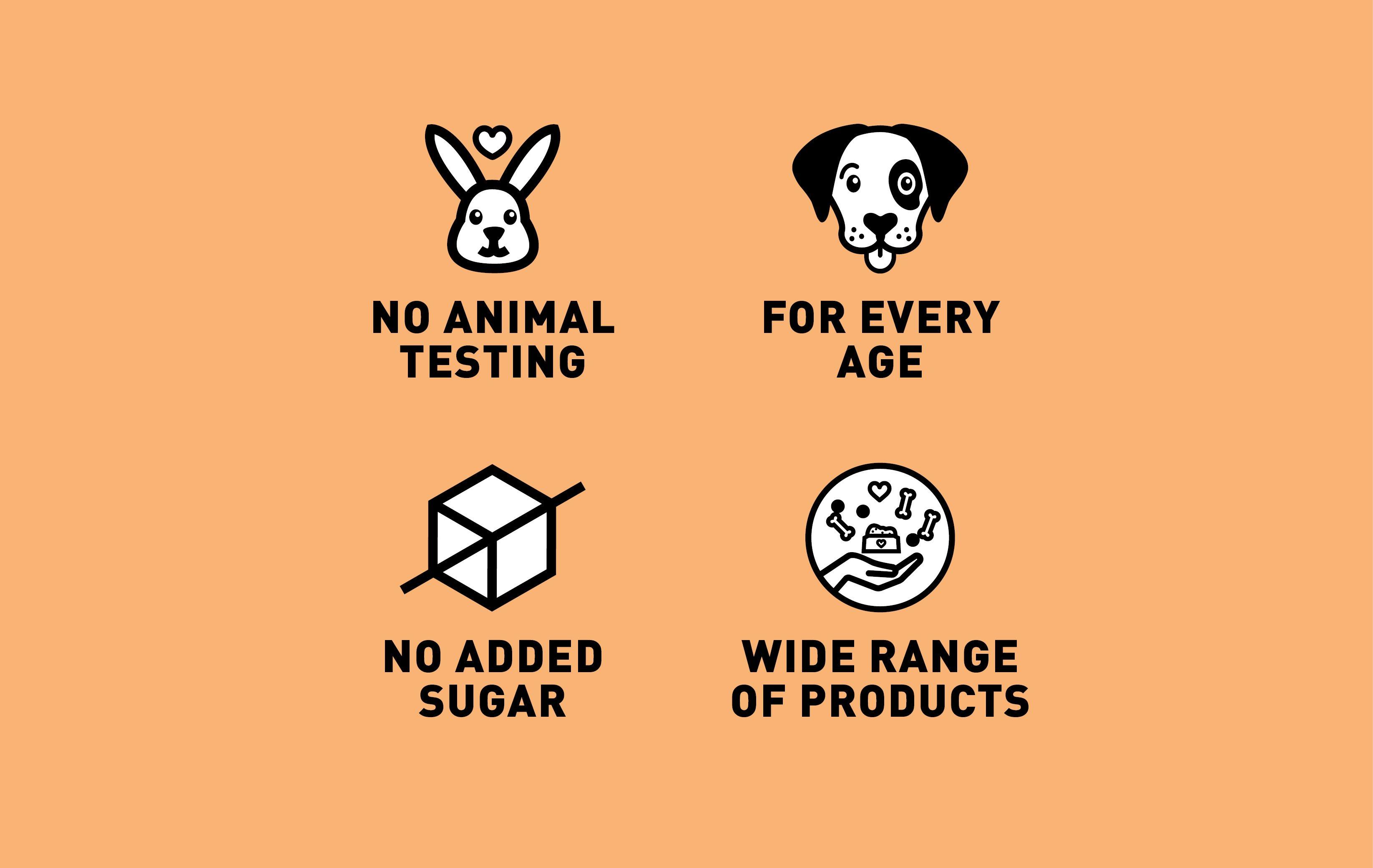 Chewies Sloganbanner Icons zu „No animal testing“, „For every age“, „No added sugar“ und „Wide range of products“.