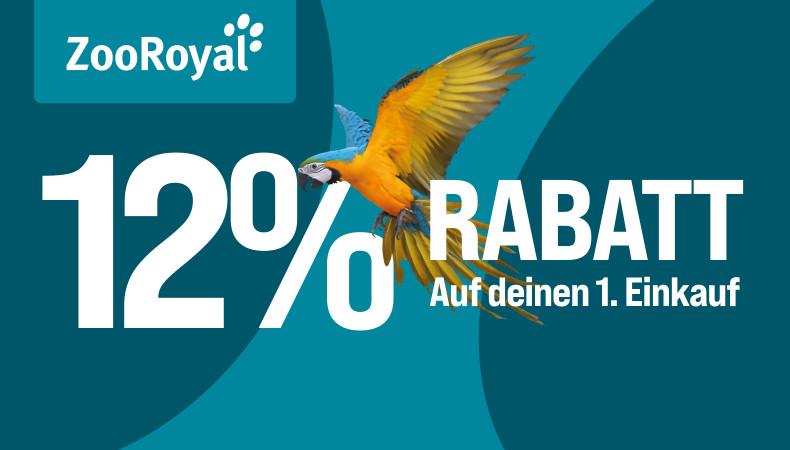 12 % Neukundenrabatt Allgemein Banner mit großem "12 % Rabatt“-Schriftzug mit fliegendem Papagei, Hinweis auf Rabatt auf den ersten Einkauf