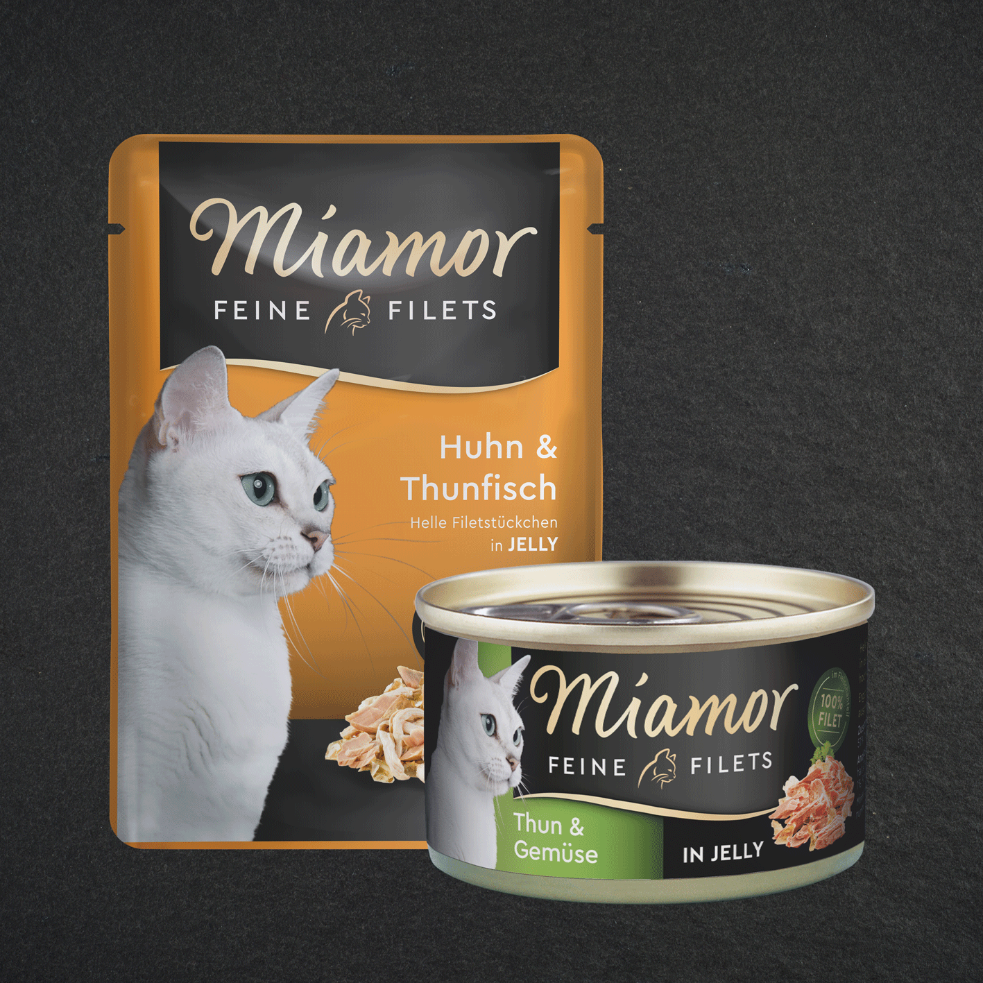 Miamor Feine Filets Miamor‑Feine‑Filets Pouch und Dose in den Sorten Huhn & Thunfisch sowie Thun & Gemüse.