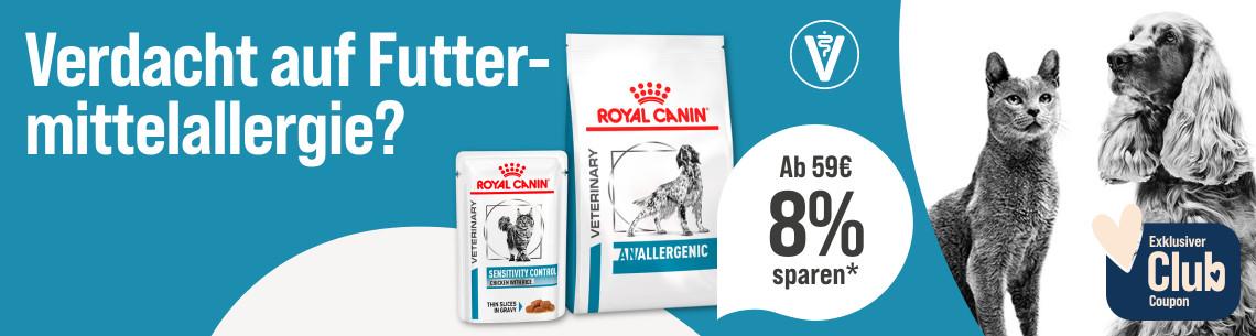 Spare 8 % ab 59 € auf Royal Canin Aktionsbanner für Royal Canin Tierfutter. Rechts sitzen eine Katze und ein Hund. 8 % Rabatt ab 59 € für ZooRoyal Club Mitglieder.