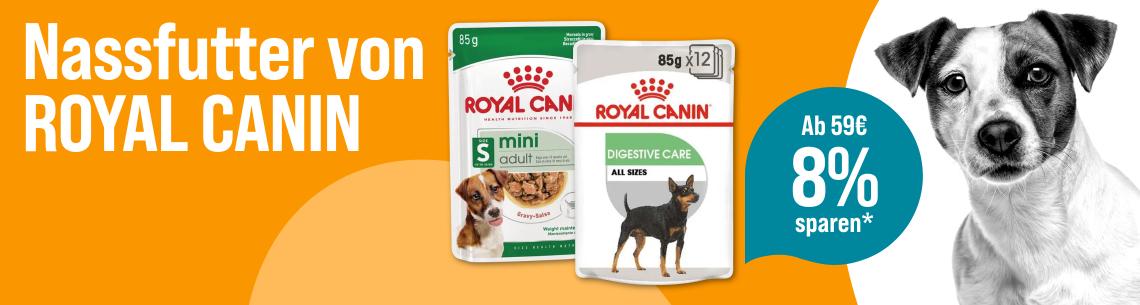 Spare 8 % ab 59 € auf Hundefutter von ROYAL CANIN Werbebanner für ROYAL CANIN Hundenassfutter mit dem Schriftzug „Nassfutter von ROYAL CANIN“. Abgebildet sind zwei Nassfutterprodukte der Sorten „Mini Adult“ und „Digestive Care“. Rechts ist ein Hund zu sehen. Ein Hinweis hebt hervor: „Ab 59 € 8 % sparen*“.