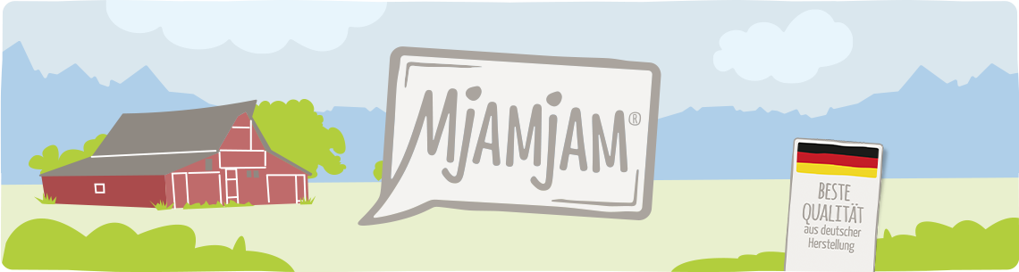 MjAMjAM Topbanner Illustration eines Bauernhofs mit MjAMjAM‑Logo und dem Hinweis „Beste Qualität aus deutscher Herstellung“.