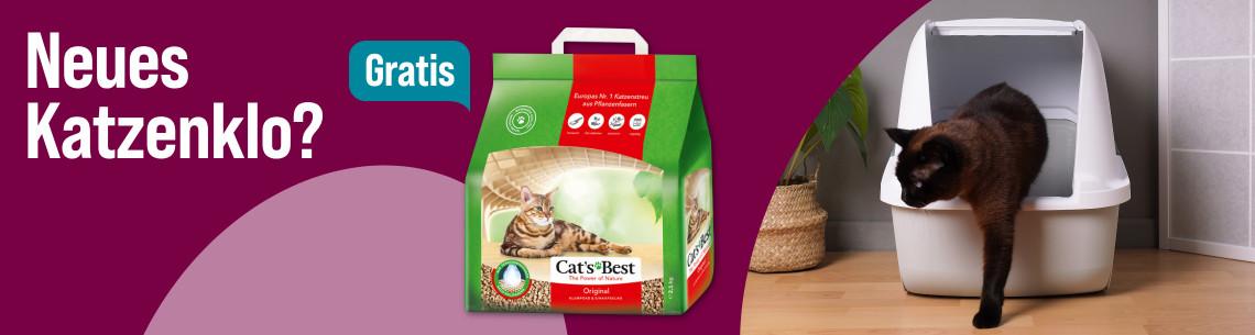 Gratis-Streu beim Kauf eines Katzenklos Katze steigt aus einer weißen Haubentoilette. Daneben Produktabbildung von Cat’s Best Katzenstreu mit Gratis‑Hinweis.