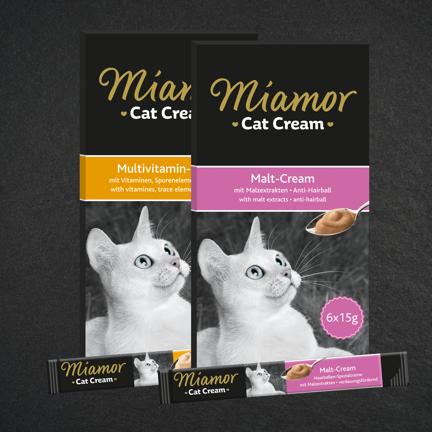 Miamor Cat Cream Zwei Packungen Miamor‑Cat‑Cream in den Sorten Multivitamin und Malt.