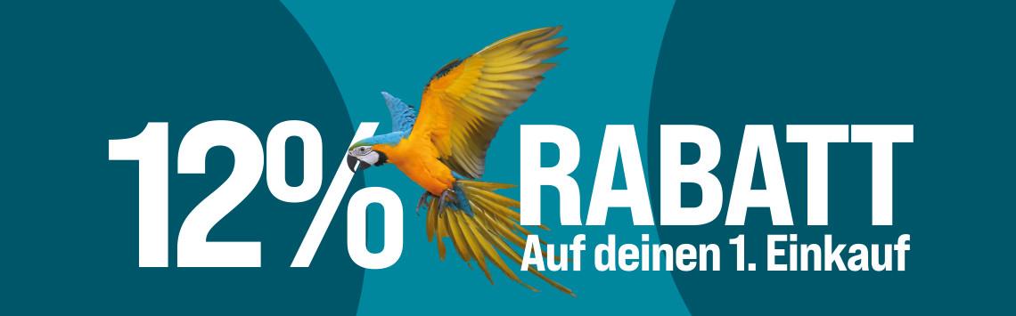 12 % Neukundenrabatt Allgemein Banner mit großem "12 % Rabatt“-Schriftzug mit fliegendem Papagei, Hinweis auf Rabatt auf den ersten Einkauf