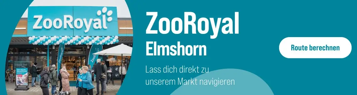 Lass dich direkt zu unserem Markt navigieren Werbebanner mit Foto des ZooRoyal‑Markteingangs und Hinweis zur Routenführung nach Elmshorn.