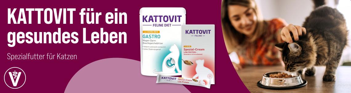 Entdecke jetzt Kattovit Katzenfutter Aktionsbanner mit Kattovit Katzenfutter und einer Katze, die während des Fressens aus einem Futternapf gestreichelt wird.