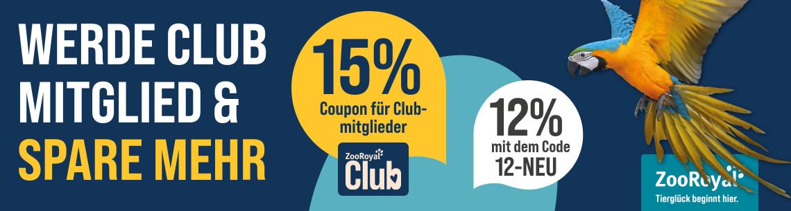 15% Neukundenrabatt Werbebanner mit einem blau‑gelben Papagei und Informationen zu Club‑Rabatten für Mitglieder und Neukund*innen.