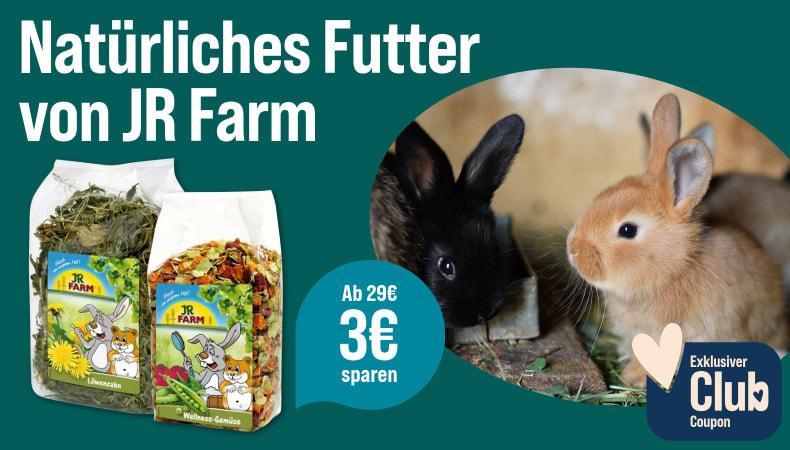 Spare 3€ ab 29€ auf JR Farm Kleintierfutter Aktionsbanner für Kleintierfutter von JR Farm. Zwei Kaninchen sitzen nebeneinander, daneben Verpackungen von Naturfutter