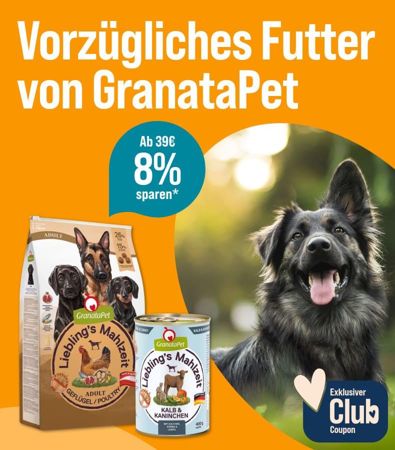 Spare 8% ab 39€ auf GranataPet Aktionsbanner mit Hundefutter der Marke GranataPet und einem auf der Wiese liegenden Hund.