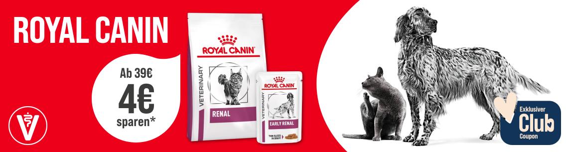 Spare 4 € ab 39 € auf Royal Canin Tierfutter Aktionsbanner für Royal Canin Veterinary Tiernahrung. Mittig Verpackungen von Royal Canin Veterinary Renal Trocken- und Nassfutter; links Hinweis „Ab 39€ 4€ sparen*“. Rechts gezeichnete Darstellung eines Hundes und einer Katze. Hinweis: Exklusiver Club Coupon.