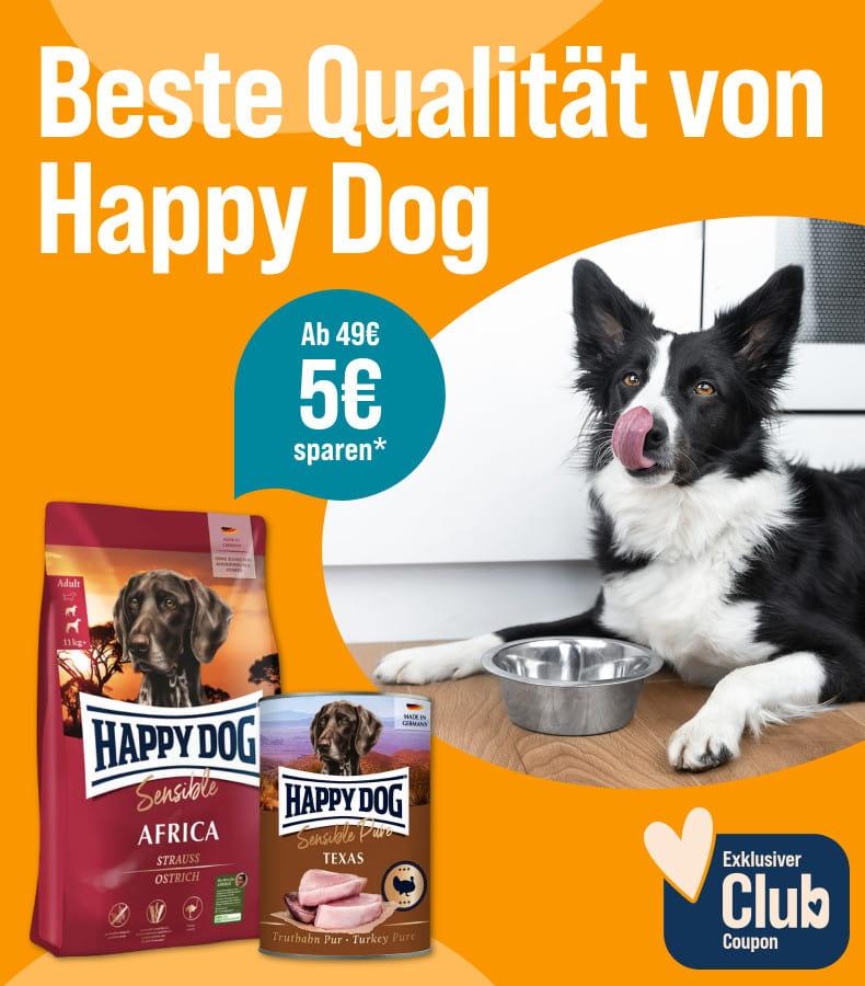 Spare 5 € ab 39 € auf Happy Dog Aktionsbanner für Happy Dog Hundefutter und einem liegenden Hund vor einem Napf. 5 € Rabatt ab 39 € für ZooRoyal Club Mitglieder.