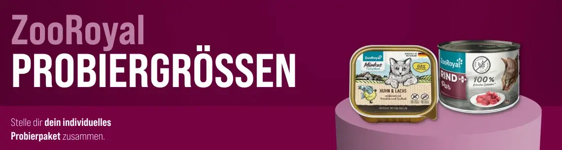 ZooRoyal Probiergrößen Katzenfutter Banner ZooRoyal Probiergrößen für Katzen mit zwei Futterprodukten auf einem Podest vor violettem Hintergrund.