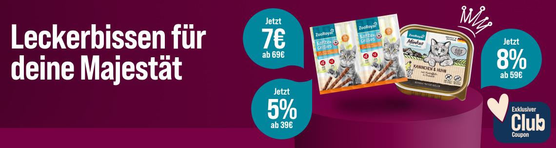 Spare 5%, 8% oder 7€ auf ZooRoyal Katzenfutter & Snacks Aktionsbanner mit Angeboten auf Katzenfutter und Katzensnacks. Hinweis auf Rabattaktion und exklusiven Club‑Coupon