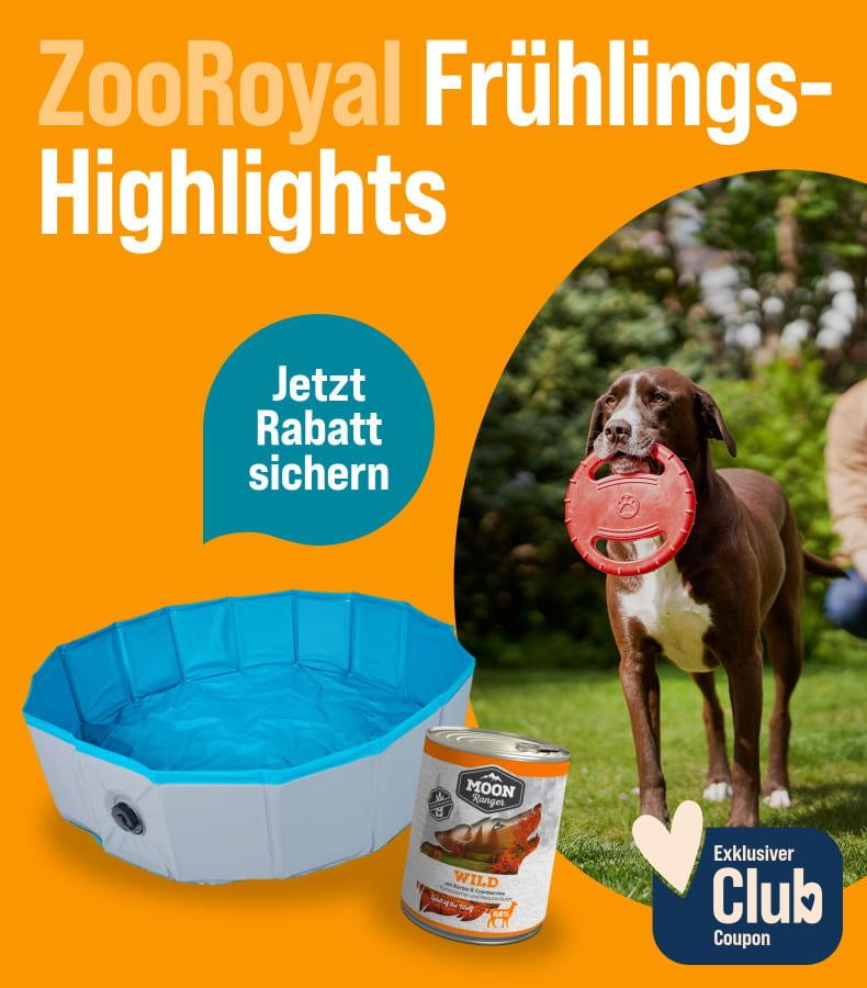 Spare auf ZooRoyal Marken
Aktionsbanner mit Angeboten auf ZooRoyal Marken. Hund trägt eine Frisbee auf einer Wiese, daneben ein Hundepool und Hundefutterdose, Hinweis auf Rabattaktion und exklusiven Club‑Coupon