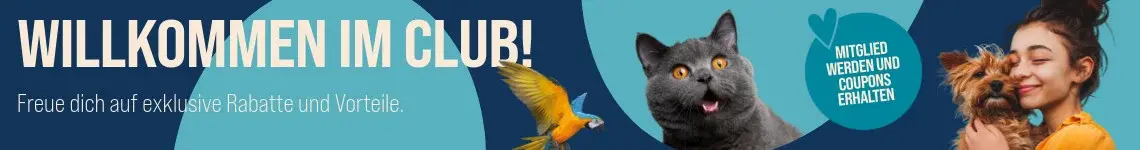 ZooRoyal Club Kampagnenbanner des ZooRoyal Clubs mit dem Text „Willkommen im Club! Exklusive Rabatte, Treuepunkte und Vorteile sichern.“ Zu sehen sind ein Ara, eine graue Katze und eine Person, die einen kleinen Hund hält. Sprechblase: „Anmelden & profitieren“.