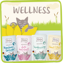 MjAMjAM Wellness Vier MjAMjAM‑Wellness‑Snacks für Katzen vor einer Illustration mit Blättern und Katze.