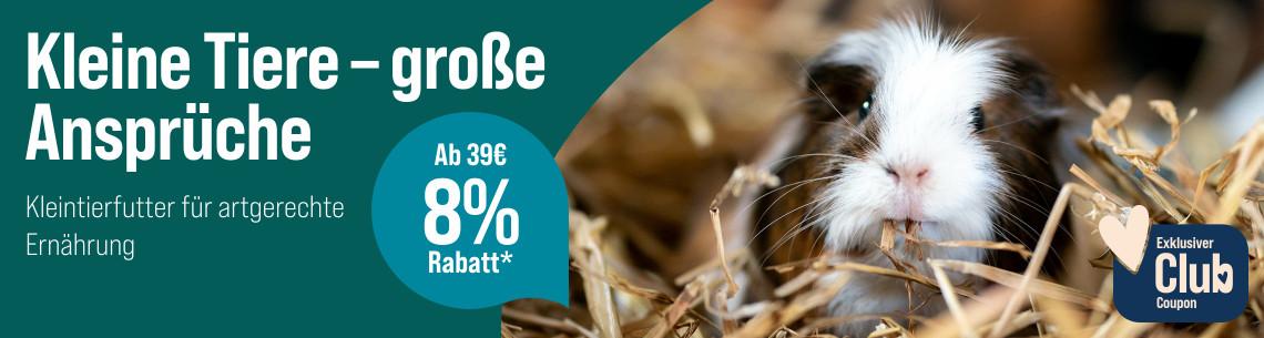Spare 8 % ab 39 € auf Kleintierfutter Aktionsbanner Kleintierfutter mit Meerschweinchen im Stroh