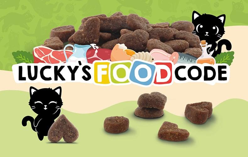 Lucky Lou Food Code Lucky‑Lou‑Trockenfutter mit der Food‑Code‑Grafik und mehreren Futtersorten.