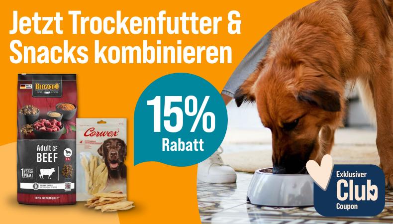 Spare 15 % beim gemeinsamen Kauf von Trockenfutter & Snacks Werbebanner für Hundenahrung und Hundesnacks mit dem Schriftzug „Jetzt Trockenfutter & Snacks kombinieren“. Abgebildet sind Trockenfutter der Marken Belcando und Black Canyon sowie Hundesnacks von Corwex. Rechts frisst ein Hund aus einem Futternapf. Ein Hinweis hebt hervor: „15 % Rabatt“. Zusätzlich wird ein exklusiver Club-Coupon beworben.