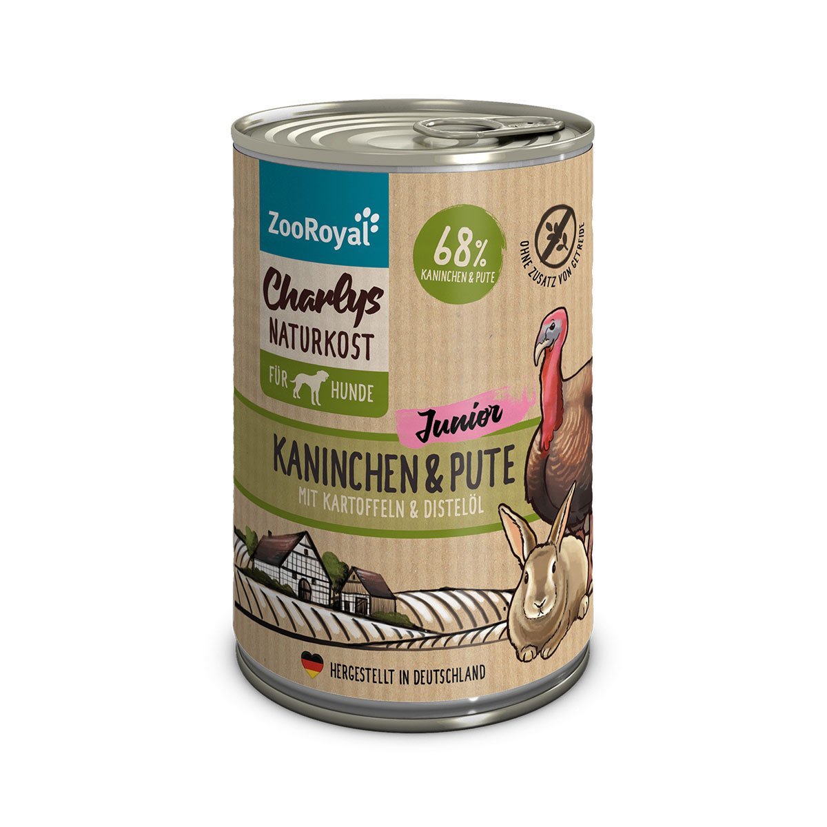 ZooRoyal Charlys Naturkost Junior Kaninchen und Pute mit Kartoffeln und Distelöl 6x400g