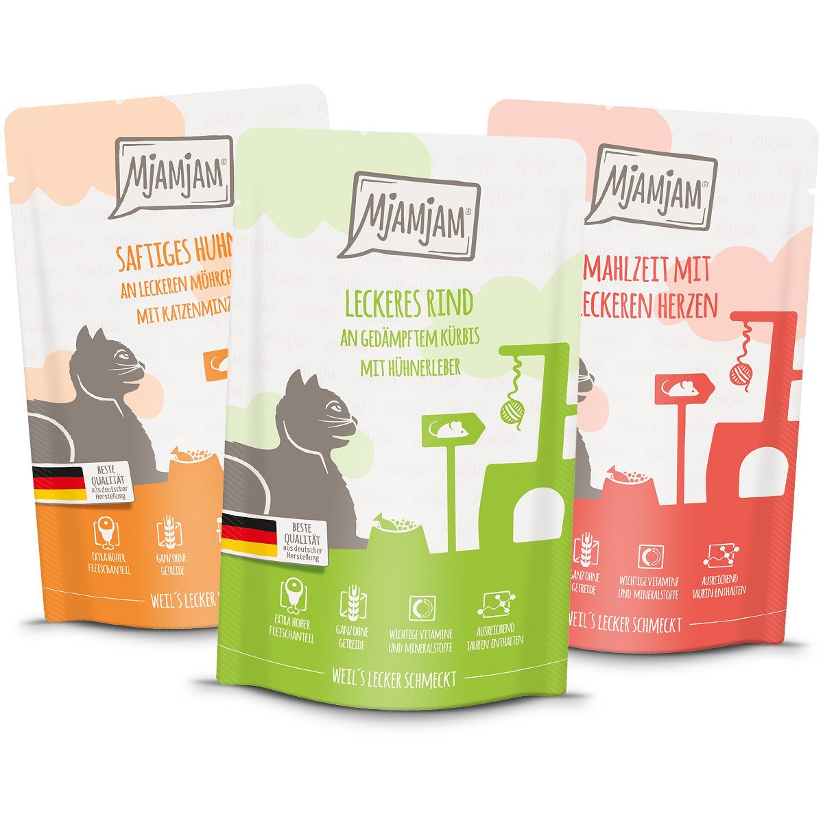 MjAMjAM Quetschie Mixpaket I Huhn, Rind, Herzen 12x125g