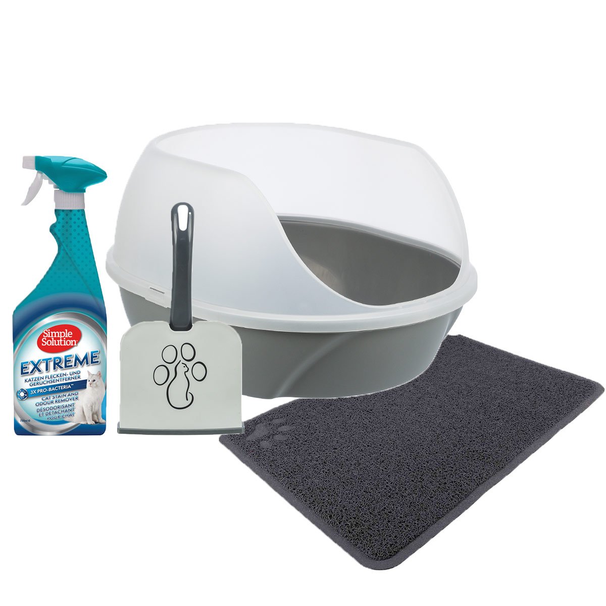 Katzen Starter Set – Katzentoilette, Streulöffel, Vorlegematte und Geruchsentferner