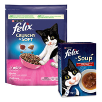 Felix Crunchy &amp; Soft Junior Huhn &amp; Gemüse 950g + Soup Rind, Huhn, Lamm 6x48g gratis